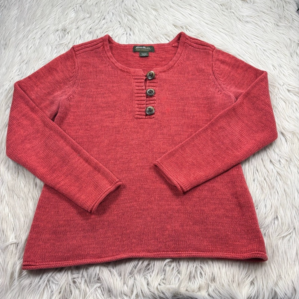 Eddie Bauer Women's M‎ Red Marled Henley Button Neck Sweater Cotton Cabincore